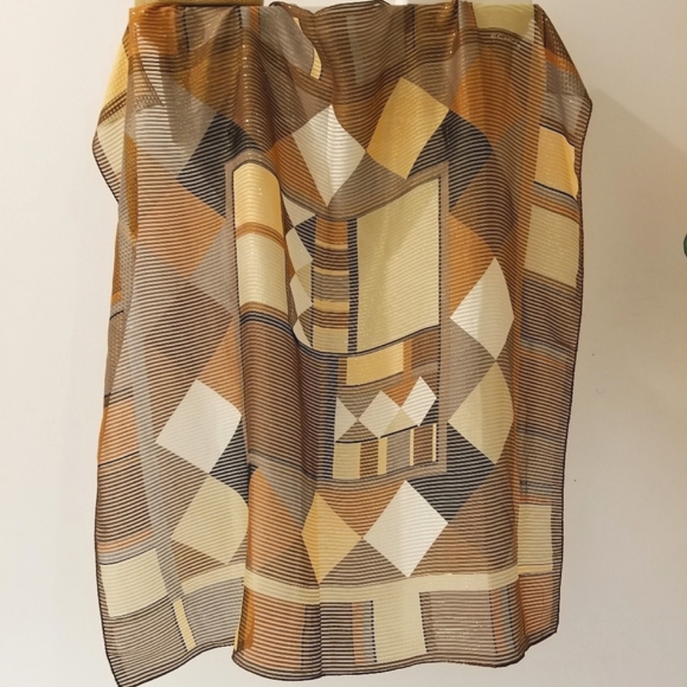 ECHO NY Square Silk Scarf Metallic Bronze Geometric Print - Picture 3 of 10